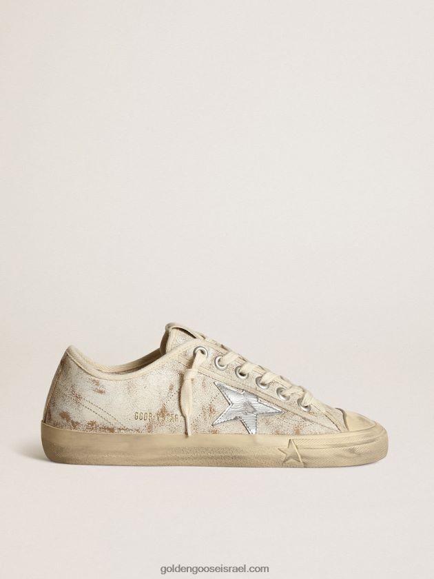 נשים Golden Goose סניקרס v-star מעור לבן מבריק עם כוכב עור מטאלי כסוף 246D2463