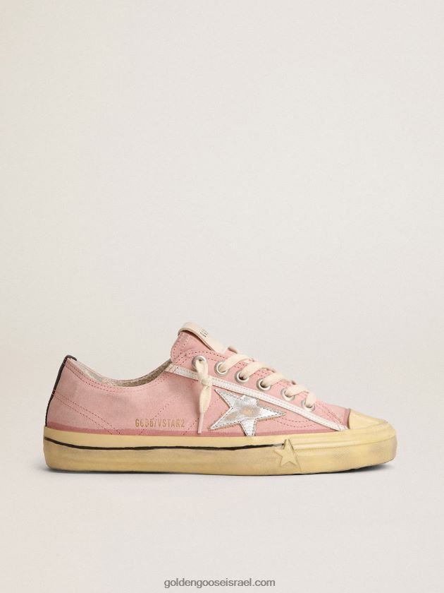 נשים Golden Goose סניקרס v-star ltd בזמש ורוד בייבי עם כוכב עור מטאלי כסוף 246D24129