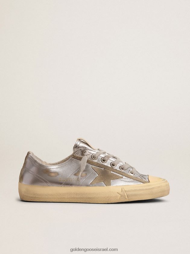 נשים Golden Goose סניקרס v-star ltd מעור מטאלי כסוף עם כוכב בזמש אפור קרח 246D24134